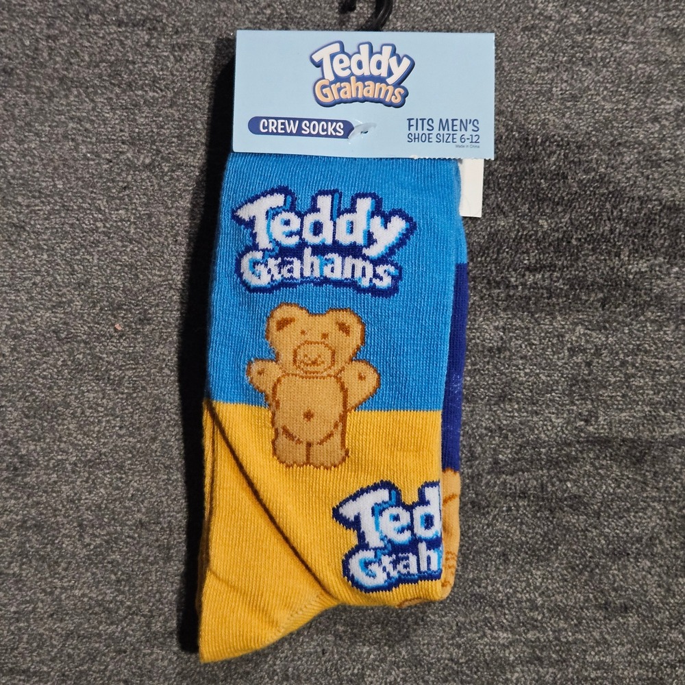 Teddy Grahams Mens Crew Socks Blue Yellow Graphic Snack Food Size 6-12